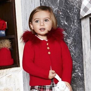 Stylish Red Kids Cardigan with Faux Fur Collar